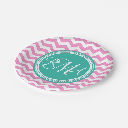 Monogrammed Pink en Blauwgroen Chevron Custom Papieren Bordje (Gekanteld)