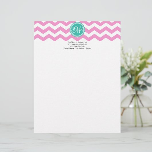 Monogrammed Pink en Blauwgroen Chevron Custom Persoonlijk Briefhoofd (Staand voorkant)