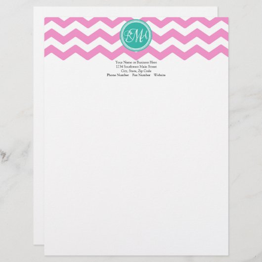 Monogrammed Pink en Blauwgroen Chevron Custom Persoonlijk Briefhoofd (Voorkant / Achterkant)