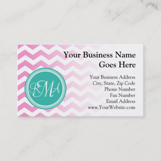 Monogrammed Pink en Blauwgroen Chevron Custom Visitekaartje (Voorkant)