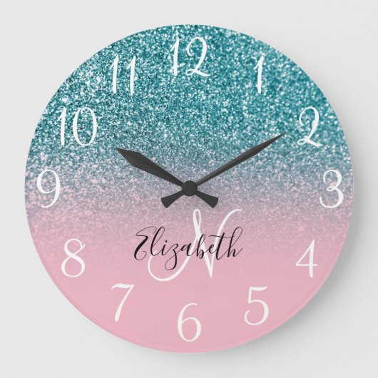 Monogrammed Pink en Blauwgroen Glitter Ombre Grote Klok (Voorkant)