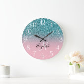 Monogrammed Pink en Blauwgroen Glitter Ombre Grote Klok (Huis)