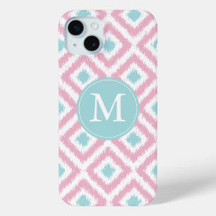 Monogrammed Pink en Mint Diamonds Ikat Pattern iPhone 15 Mini Hoesje
