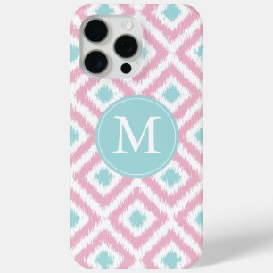 Monogrammed Pink en Mint Diamonds Ikat Pattern iPhone 15 Pro Max Hoesje