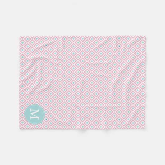 Monogrammed Pink en Mint Diamonds Ikat Pattern Fleece Deken (Voorkant (Horizontaal))