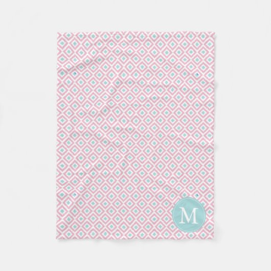 Monogrammed Pink en Mint Diamonds Ikat Pattern Fleece Deken (Voorkant)