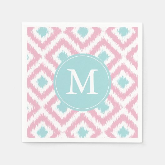Monogrammed Pink en Mint Ikat Diamonds Pattern Servetten (Voorkant)