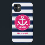 MONOGRAMMED PINK EN NAVY ANCHOR Case-Mate iPhone CASE<br><div class="desc">DIT KUTE,  VOORZICHTIGE EN MEESTE ANCHOR EN STRIPEN NAUTIEKE THEMD DESIGN IN DARK BLUE NAVY,  HOT PINK FUCHSIA EN WITTE HUES KUNNEN WORDEN GEPERSONALISEERD MET JOUW NAAM EN MET UW MONOGRAM EN DRIE INITIALEN VAN DE BRIEF ONDER DE HARTS. ARTWORK © CHRISSY H. STUDIOS,  LLC. ALLE RECHTEN ZIJN VOORBEHOUDEN.</div>