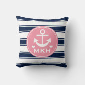 Monogrammed Pink en Navy Blue Anchor Kussen (Voorkant)