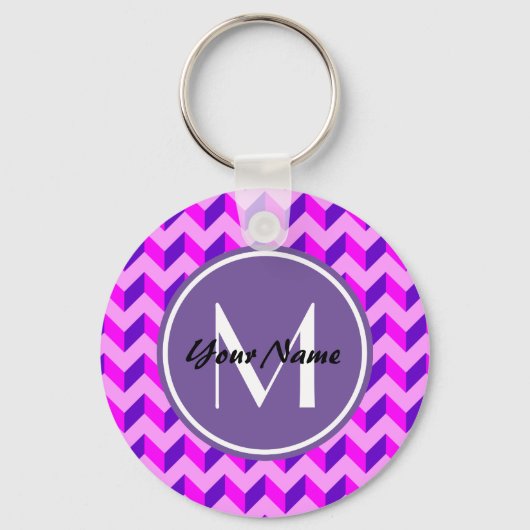 Monogrammed Pink en Paarse Chevron Patchwork Sleutelhanger (Voorkant)