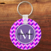 Monogrammed Pink en Paarse Chevron Patchwork Sleutelhanger (Voorkant)