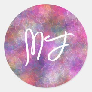 Monogrammed Pink en Paarse Digitale Kunst Ronde Sticker