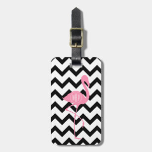 Monogrammed Pink Flamingo + Black Chevron Bagagelabel