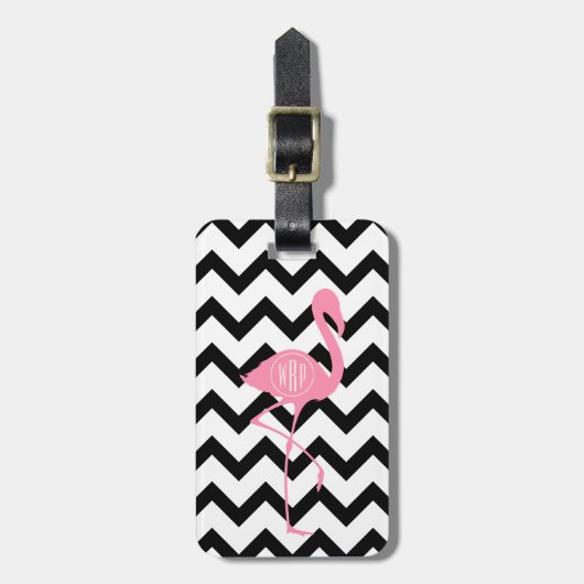Monogrammed Pink Flamingo + Black Chevron Bagagelabel (Voorkant verticaal)