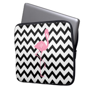 Monogrammed Pink Flamingo + Black Chevron Laptop Sleeve
