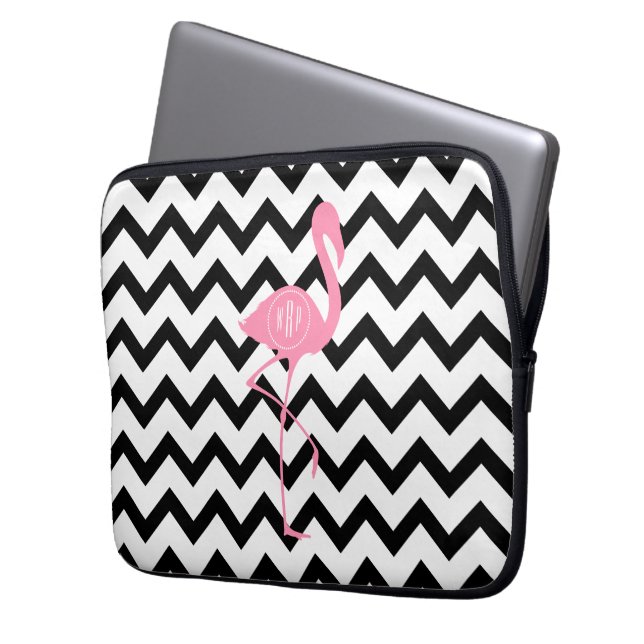 Monogrammed Pink Flamingo + Black Chevron Laptop Sleeve (Voorkant Links)