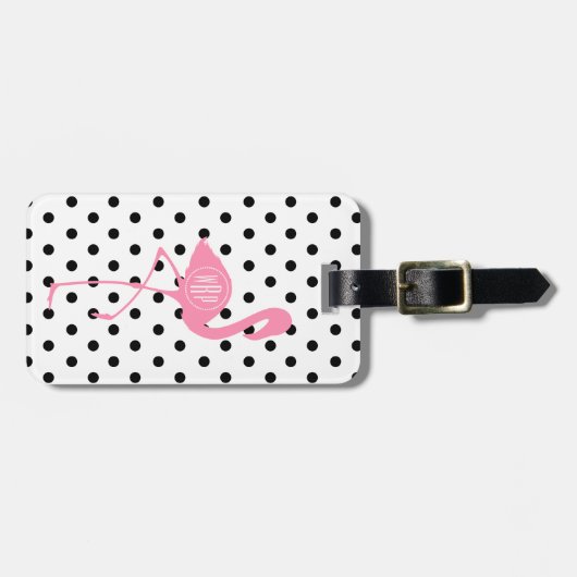 Monogrammed Pink Flamingo + Black Polka Dot Bagagelabel (Voorkant horizontaal)