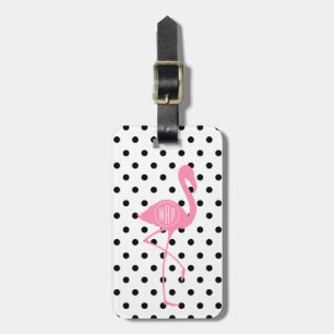 Monogrammed Pink Flamingo + Black Polka Dot Bagagelabel