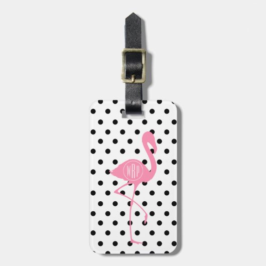 Monogrammed Pink Flamingo + Black Polka Dot Bagagelabel (Voorkant verticaal)