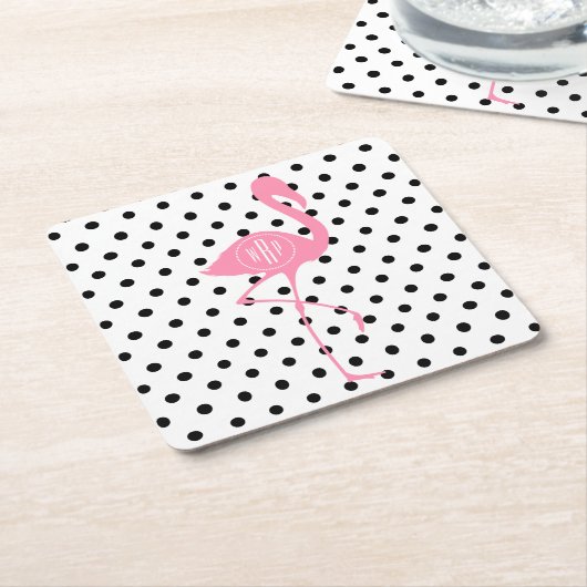 Monogrammed Pink Flamingo + Black Polka Dot Kartonnen Onderzetters (Schuin)