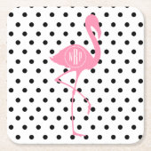 Monogrammed Pink Flamingo + Black Polka Dot Kartonnen Onderzetters (Voorkant)