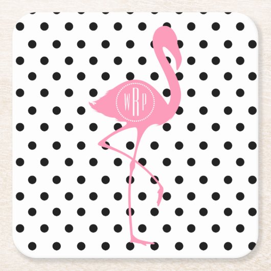 Monogrammed Pink Flamingo + Black Polka Dot Kartonnen Onderzetters (Voorkant)