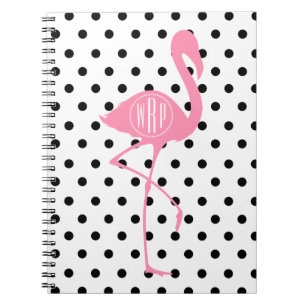 Monogrammed Pink Flamingo + Black Polka Dot Notitieboek