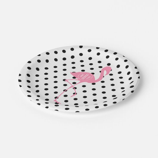 Monogrammed Pink Flamingo + Black Polka Dot Papieren Bordje (Gekanteld)