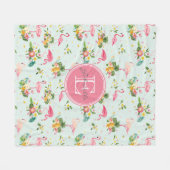Monogrammed Pink Flamingos Tropical Planten Patter Fleece Deken (Voorkant (Horizontaal))