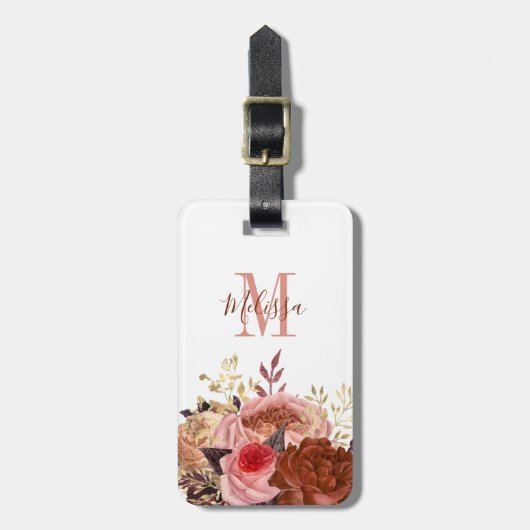 Monogrammed Pink Floral Bagagelabel (Voorkant verticaal)
