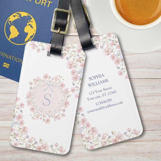 Monogrammed Pink Flowers and Lace Floral Bagagelabel