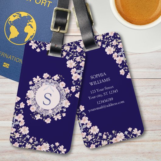 Monogrammed Pink Flowers and Lace Floral Bagagelabel