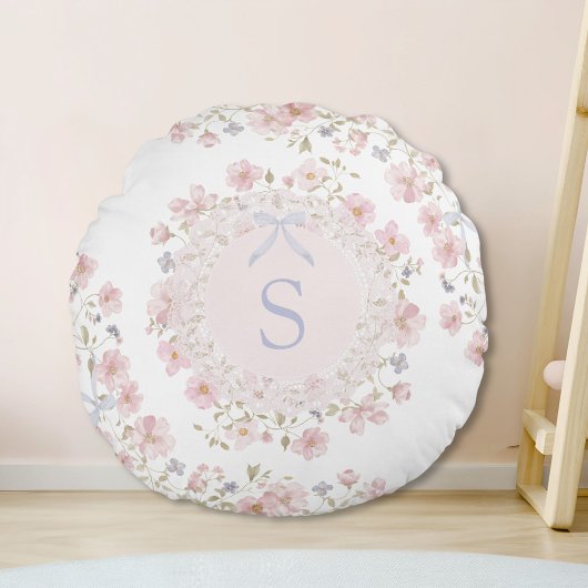 Monogrammed Pink Flowers and Lace Floral Rond Kussen