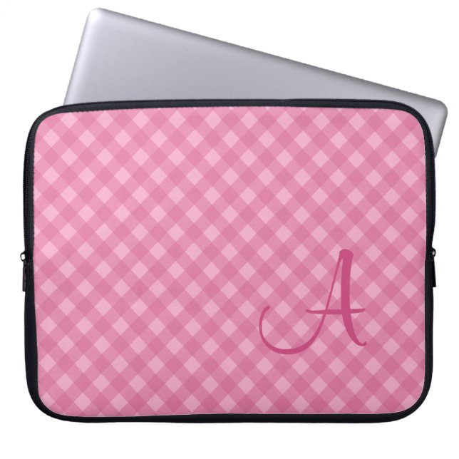 Monogrammed Pink Gingham-laptophoes Laptop Sleeve (Voorkant)