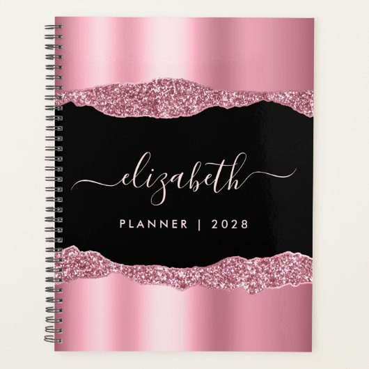 Monogrammed Pink Glitter Folie Black Planner (Voorkant)
