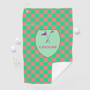 Monogrammed Pink Green Checks & golfclub & vlag G Golfhanddoek