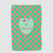 Monogrammed Pink Green Checks & golfclub & vlag G Golfhanddoek (Voorkant)