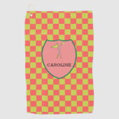 Monogrammed Pink & Green Checks & golfclub & vlag Golfhanddoek (Voorkant)