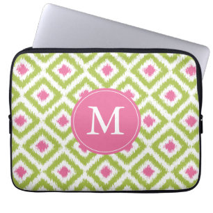 Monogrammed Pink Green Diamond Ikat Pattern Laptop Sleeve