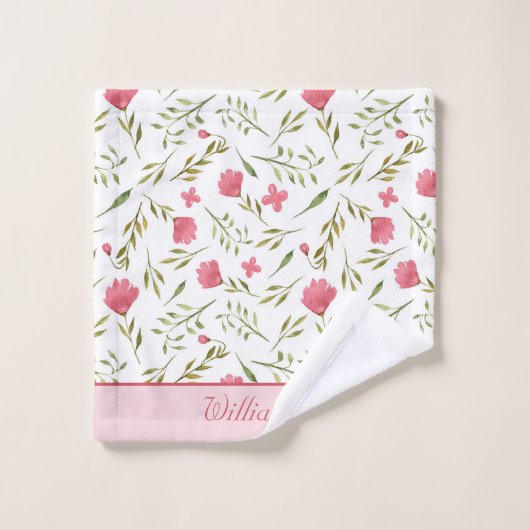Monogrammed Pink Green Floral Bad Handdoek (Wasdoekje)
