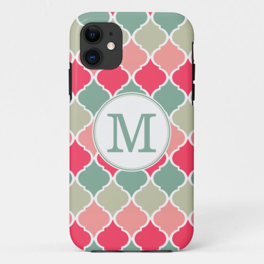 Monogrammed Pink Green Moroccan Lattice Pattern Case-Mate iPhone Case (Achterkant)