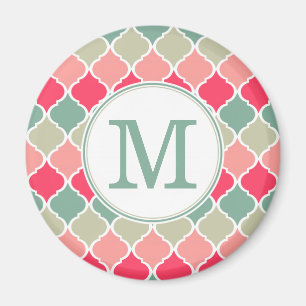 Monogrammed Pink Green Moroccan Lattice Pattern Magneet
