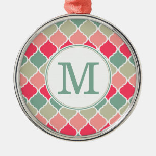 Monogrammed Pink Green Moroccan Lattice Pattern Metalen Ornament