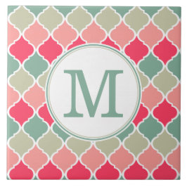 Monogrammed Pink Green Moroccan Lattice Pattern Tegeltje