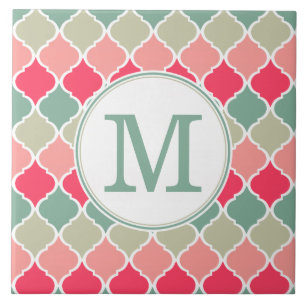 Monogrammed Pink Green Moroccan Lattice Pattern Tegeltje