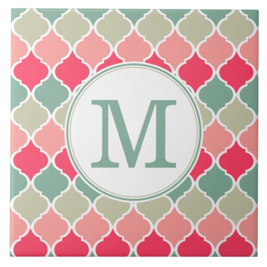 Monogrammed Pink Green Moroccan Lattice Pattern Tegeltje (Voorkant)