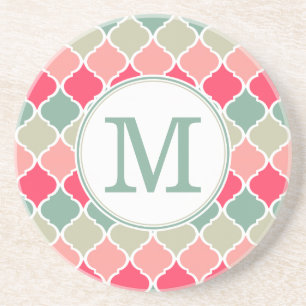 Monogrammed Pink Green Moroccan Lattice Pattern Zandsteen Onderzetter