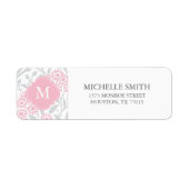 Monogrammed Pink Grey Floral Damask Pattern Etiket (Voorkant)