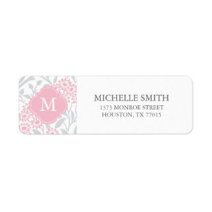 Monogrammed Pink Grey Floral Damask Pattern Etiket