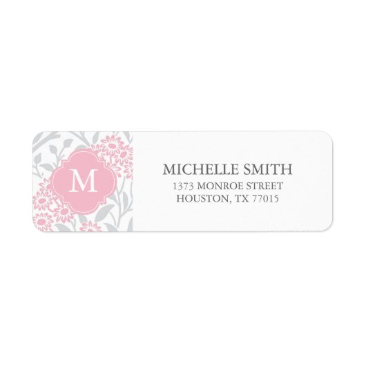 Monogrammed Pink Grey Floral Damask Pattern Etiket (Voorkant)